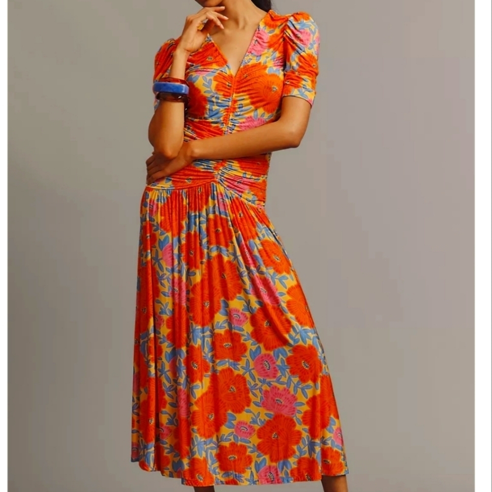 Farm Rio x Anthropologie Short-Sleeve V-Neck Ruched Midi Dress, Size XS